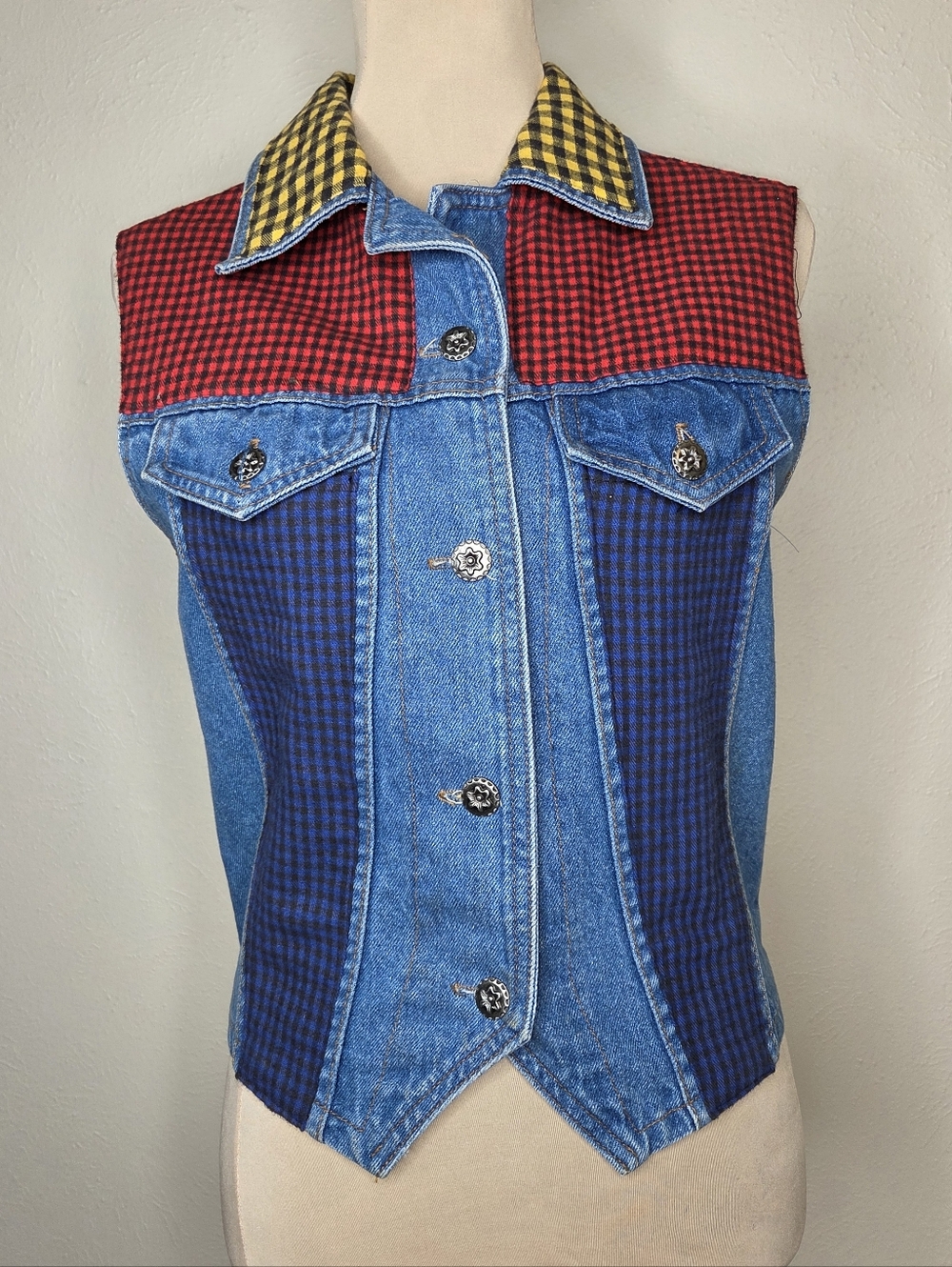 Vintage Patchwork Denim Vest Colorblock Gingham Western Indie Punk USA Small